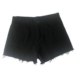 SHEIN High Rise Frayed Hem Black Denim Shorts Women's Medium